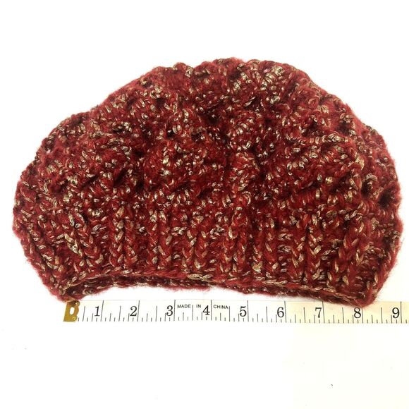 Handmade Slouchy Red & Gold Metallic Knit Beret Acrylic Winter Hat Unisex - Picture 6 of 7